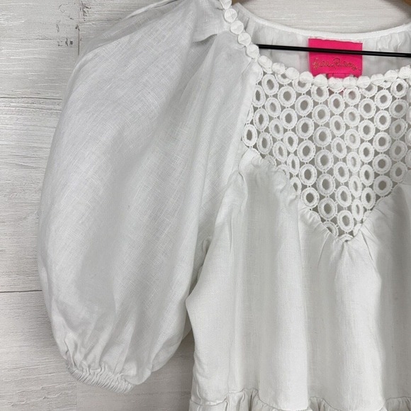 Lilly Pulitzer Charlet Short Puff Sleeve 100% Linen Dress Size 2 White Tiered - Picture 5 of 15